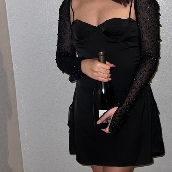 Oh Polly Geneva Mini Dress – Black Satin Beaded Sleeves, Size 2 (A/B Cup) - Picture 4 of 4